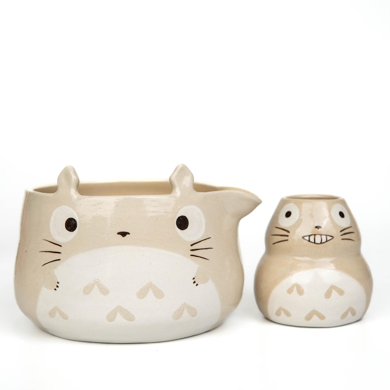 Totoro matcha bowl set, beige hand-painted ceramic chawan with matching whisk holder on white
