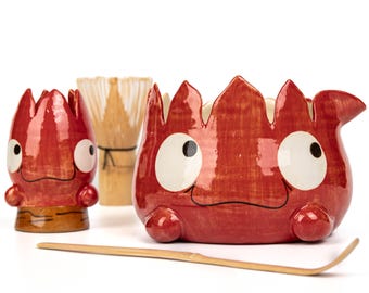 Matcha Bowl Set,Fire Demon Spouted Katakuchi Chawan, Cute Flame Spirit Ceramic Bowl with Feet, 4-Piece Matcha Kit, Bamboo Whisk + Scoop