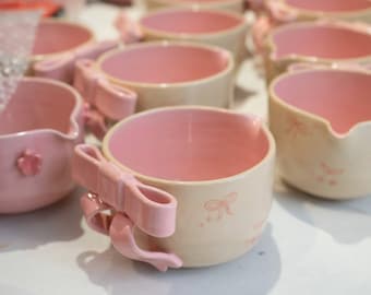 Spouted matcha bowl, pink bow handle, handmade matcha whisking bowl, 15 oz, thick and heavy for stable whisking, clean pour spout