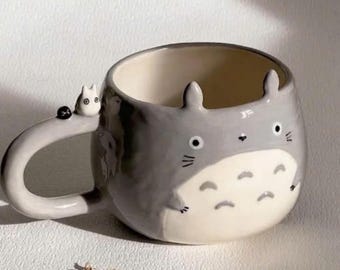 Totoro Mug, Handmade Ceramic Coffee Cup 15.2 oz | Cute Gray Kawaii Character Mug with Handle Figure, Anime-Inspired Gift for Home Office