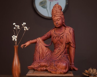 Royal Ease Kwan Yin Statue 12" | Hand Carved African Rosewood | Relaxed Seated Goddess | Lalitasana Zen Decor