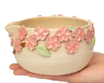 Spouted Matcha Bowl, Sakura Cherry Blossom Chawan, Handmade Vietnamese Tea Bowl, Textured Interior, Beige Glaze