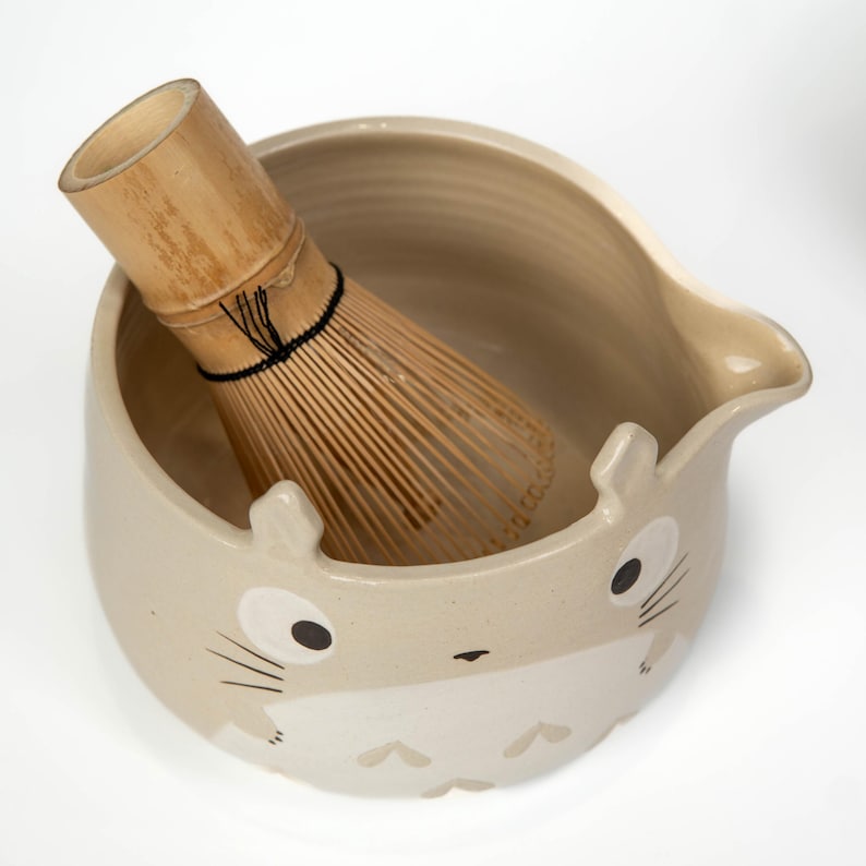 Totoro matcha bowl set, beige hand-painted ceramic chawan with matching whisk holder on white