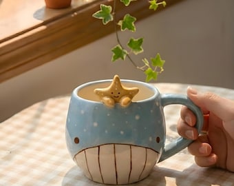 Starfish Whale Mug, Handmade Ceramic Mug with Handle, Cute Whale Coffee Mug, Ocean-Themed Gift Mug, Glazed Ceramic