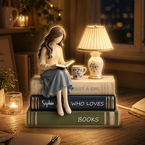 Gepersonaliseerde leesmeisje nachtlampje, aangepaste naam boek stapellamp, gezellige lezer cadeau voor boekenliefhebbers, esthetische slaapkamer decor, literair meisje