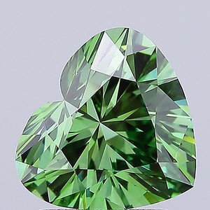 May include: A heart-shaped, faceted gemstone with a vibrant green hue. The gemstone's facets reflect light, creating a sparkling effect. The gem is set against a neutral background, highlighting its shape and color.