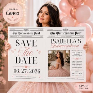 Peut inclure: Un modèle d'invitation de Quinceañera style journal blanc avec du texte noir et or rose. La page de gauche indique Save The Date 06.27.2026, tandis que la page de droite affiche Isabella's Quinceañera avec un espace photo et les détails.
