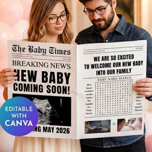 May include: A newspaper-style announcement with the headline "The Baby Times" and the text "New Baby Coming Soon!" is held by a couple. The announcement includes an ultrasound image and a baby word search.