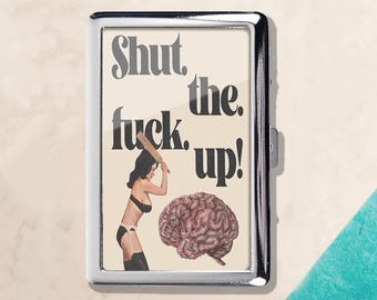 Estuche para cigarrillos vintage retro Shut Up, estuche para identificación, cartera, tarjetero de visita, tarjetero de visita, cartera decorativa