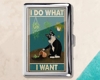 Cat I do What I Want Vintage Retro Cigarette Case id case Wallet Business Card Holder Business Card ID Holder Wallet Deco