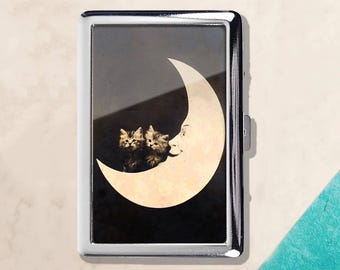 Cat with Moon Vintage Retro Cigarette Case id case Wallet Business Card Holder Business Card ID Holder Wallet Deco