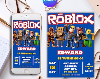 Roblox Invitation, Roblox Invite, Game Party, Roblox Boys Birthday Invitation Template, Game Birthday, Kids Roblox, Editable Template, Canva