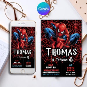 May include: A birthday invitation featuring Spider-Man on a black background with a red spiderweb design. The invitation includes the name "Thomas", the age "4", date, time, address, and RSVP information. The invitation is displayed on a smartphone and a printed card.