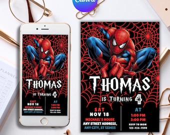 May include: A birthday invitation featuring Spider-Man on a black background with a red spiderweb design. The invitation includes the name "Thomas", the age "4", date, time, address, and RSVP information. The invitation is displayed on a smartphone and a printed card.