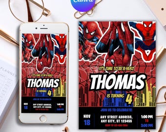 Editable Spiderman Birthday Invitation Template: Superhero Party (Digital Download)
