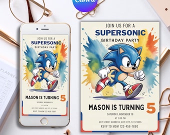 Sonic Birthday Invitation: Super Hedgehog Party, Editable Canva Template (5x7 inches, Digital Download