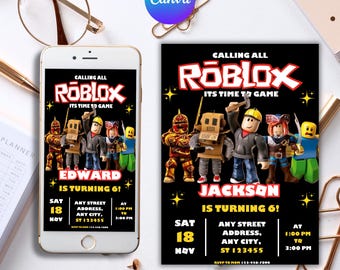 Roblox-Einladung, Kids Roblox Evite, Gamer Party Evite, Jungen-Geburtstags-Roblox-Einladung, Roblox-Geburtstag, bearbeitbare Canva-Vorlage, Download