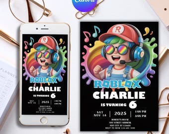 Roblox Invitation, Roblox Invite, Game Party, Roblox Boy Birthday Invitation Template, Game Birthday, Kids Roblox, Editable Template, Canva