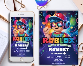 Könnte beinhalten: Eine Geburtstagseinladung mit einer Roblox-Figur mit Kopfhörern und Sonnenbrille. Die Einladung befindet sich auf einem Smartphone und einer gedruckten Karte. Der Text lautet "Roblox, Feiern Sie mit uns Roberts 4. Geburtstag". Das Farbschema ist lebendig.