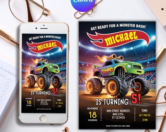 Monster Truck Birthday Invitation: Editable Canva Template (5x7, Mobile)