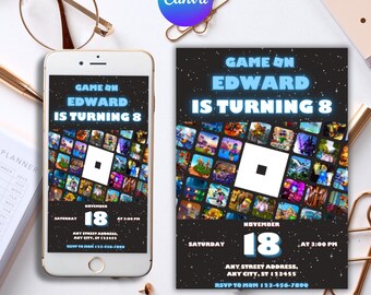 May include: A birthday party invitation with a black background and a colourful game-themed design. The invitation includes the text "Game On Edward is Turning 8" and event details. A smartphone displays the same invitation.