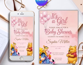 Invitación editable de Winnie the Pooh para baby shower, invitación digital Oh girl, invitación azul de Winnie the Pooh, Canva editable
