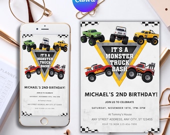 Monster Truck Invite, Editable Monster Truck Birthday Invitation Template For Boys, Trucks Birthday Invite, Monster Truck Invitation
