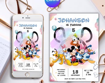 Mickey Mouse Birthday Invitation, Editable & Printable Template, Club House Party Invite, Easy Edit in Canva, Instant Download