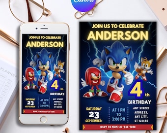 Sonic 3 Birthday Invitation, Super Hedgehog Boys Party Invite, Super Sonic Party Invitation, Editable Sonic Invite Template, Canva Template