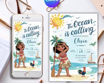 Invito di compleanno per Baby Moana, invito di compleanno digitale modificabile per Baby Moana, invito per festa a tema per bambini, modello digitale per Baby Moana