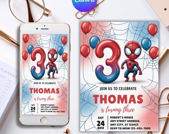Spiderman 3rd Birthday Invitation: Superhero Card (Canva Template)