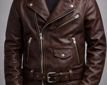 Chaqueta de cuero marrón para hombre estilo motero – Auténtico estilo vintage.