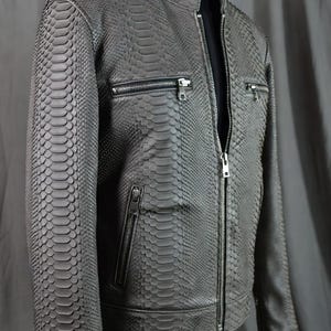 Mens Gray Python Snake Print Leather Jacket - Gothic Biker Exotic Python Pattern Lambskin Coat