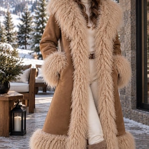 May include: A long tan suede coat featuring a thick, shaggy beige shearling trim along the oversized collar, cuffs, and hemline. The coat is worn over a cream-colored turtleneck sweater, white trousers, and tan suede knee-high boots.