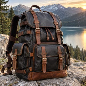 Può includere: Uno zaino in pelle nera con finiture in pelle marrone, tasche esterne multiple con chiusure a fibbia, spallacci regolabili e apertura a coulisse. La borsa include scomparti laterali e dettagli in metallo su tutto il design.