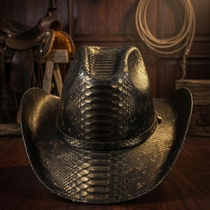 Handmade Black Gold Iridescent Python Snakeskin Cowboy Hat - Luxury Western Rodeo Festival Hat for Men Women