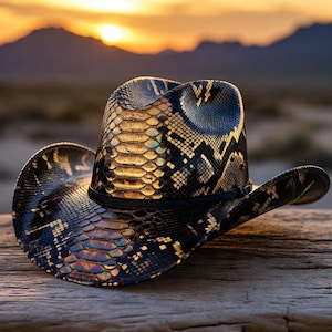 Handmade Python Snakeskin Cowboy Hat - Black Iridescent Real Snakeskin Western Hat for Men Women Festival Rodeo Fashion