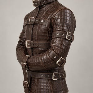 May include: A dark brown jacket with a textured crocodile-skin pattern, featuring a high collar and multiple adjustable straps with silver-toned metal buckles across the chest, waist, and sleeves, creating a structured and layered appearance.