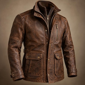 May include: A brown distressed leather jacket featuring a high collar, a full-length front zipper, and a button-down placket. The jacket includes two large flap pockets at the waist, a vertical zippered chest pocket, and adjustable straps at the cuffs.