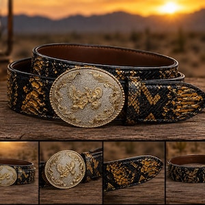 Western-Ledergürtel mit Pythonmuster und Vintage-Adlerschnalle | Taillengürtel im Cowboy-Stil