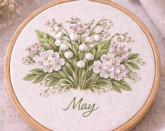 May Birth Flower Embroidery Pattern - Lily of the Valley & Hawthorn (PDF)