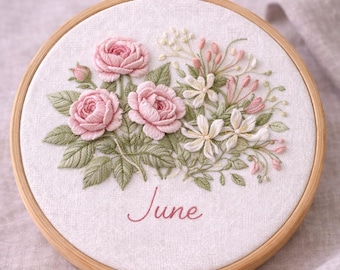 Patrón de bordado de flores de nacimiento de junio: rosa y madreselva (PDF)