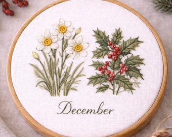 Dezember Geburtsblume Stickmuster - Narzisse & Stechpalme (PDF)