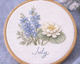 July Birth Flower Embroidery Pattern - Larkspur & Water Lily (PDF)