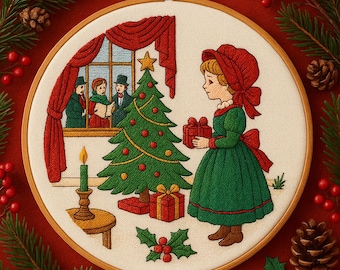 Patrón de bordado de niña victoriana junto al árbol (PDF)