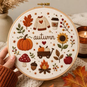 Op de afbeelding: Een ronde houten borduurring met witte stof voorzien van handgeborduurde herfstmotieven, waaronder een pompoen, trui, koffiebeker, zonnebloem, paddenstoel, eikel, kampvuur en een wagentje. Het woord autumn staat in bruine letters.