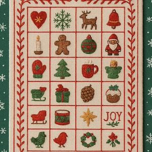 May include: Embroidered Christmas sampler with a green background and a cream-coloured grid. Each square features a festive design, including a heart, snowflake, reindeer, bell, candle, gingerbread man, ornament, Santa, mitten, tree, mug, angel, sleigh, gift, pinecone, cupcake, drum, star, and the word "JOY".