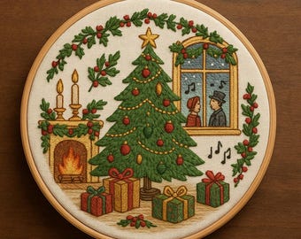 Patrón de bordado de escena navideña victoriana en un salón (PDF)