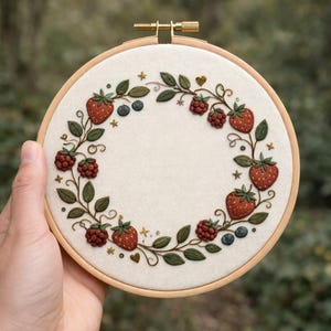 Puede incluir: Aro bordado con un diseño de corona de fresas, frambuesas, arándanos y hojas. El diseño está bordado sobre tela color crema, enmarcado por un aro de madera. Las bayas son rojas y las hojas verdes.