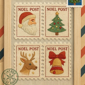 Puede incluir: Sellos postales bordados con temática navideña en un marco de madera. Los sellos presentan a Papá Noel, un árbol de Navidad, un reno y una campana. Las palabras "NOEL POST" están impresas en cada sello. Una marca postal vintage está en la esquina inferior izquierda.